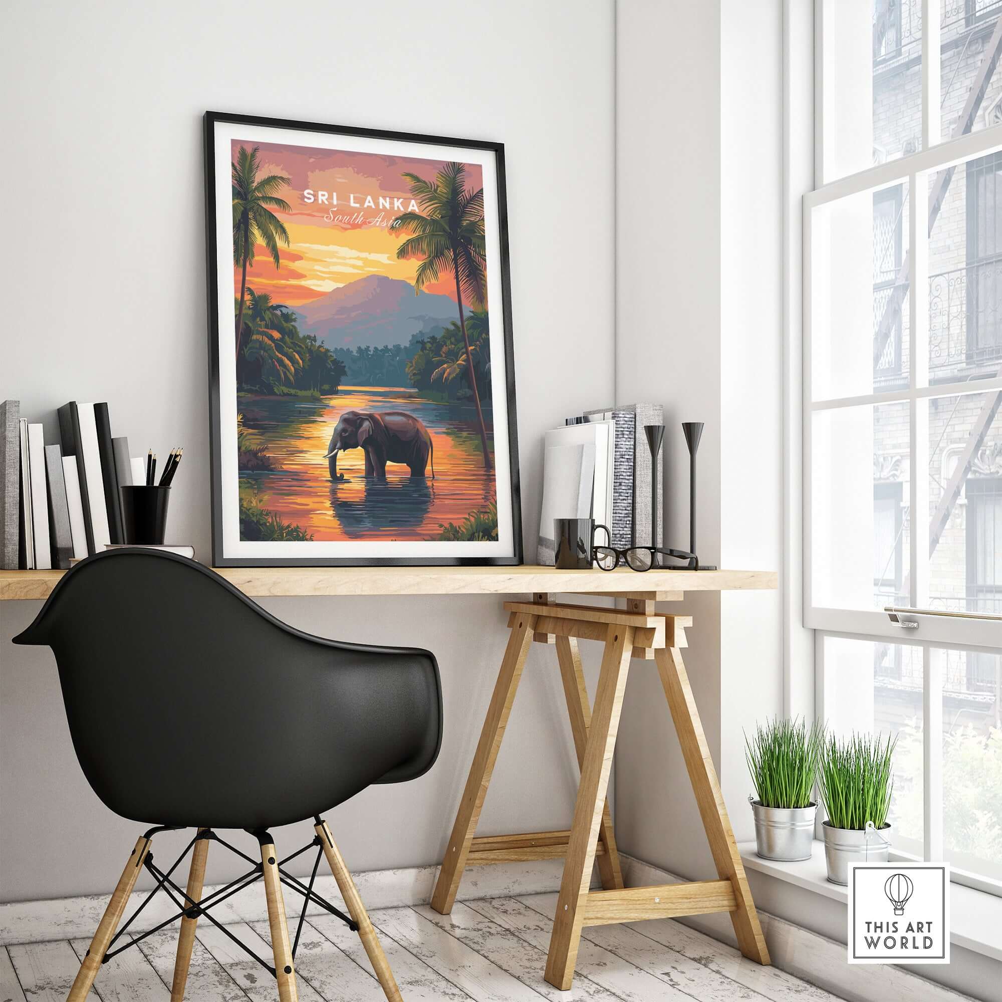 Sri Lanka Wildlife Art - Elephant Sunset Poster, South Asia Decor displayed in a modern workspace with a scenic view.