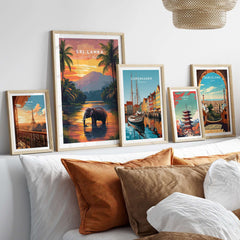 Sri Lanka Wildlife Art - Elephant Sunset Poster, South Asia Decor displayed in a stylish home setting with other travel posters.