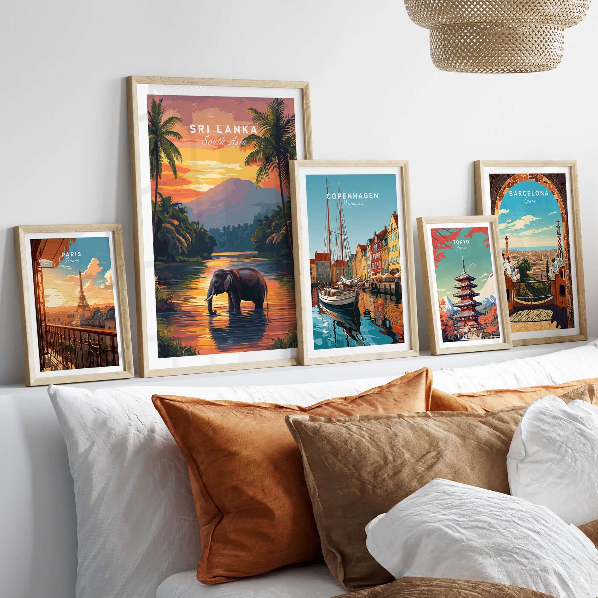Sri Lanka Wildlife Art - Elephant Sunset Poster, South Asia Decor displayed in a stylish home setting with other travel posters.
