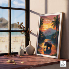 Sri Lanka Wildlife Art - Elephant Sunset Poster, South Asia Decor framed on a table by a window with beach view.