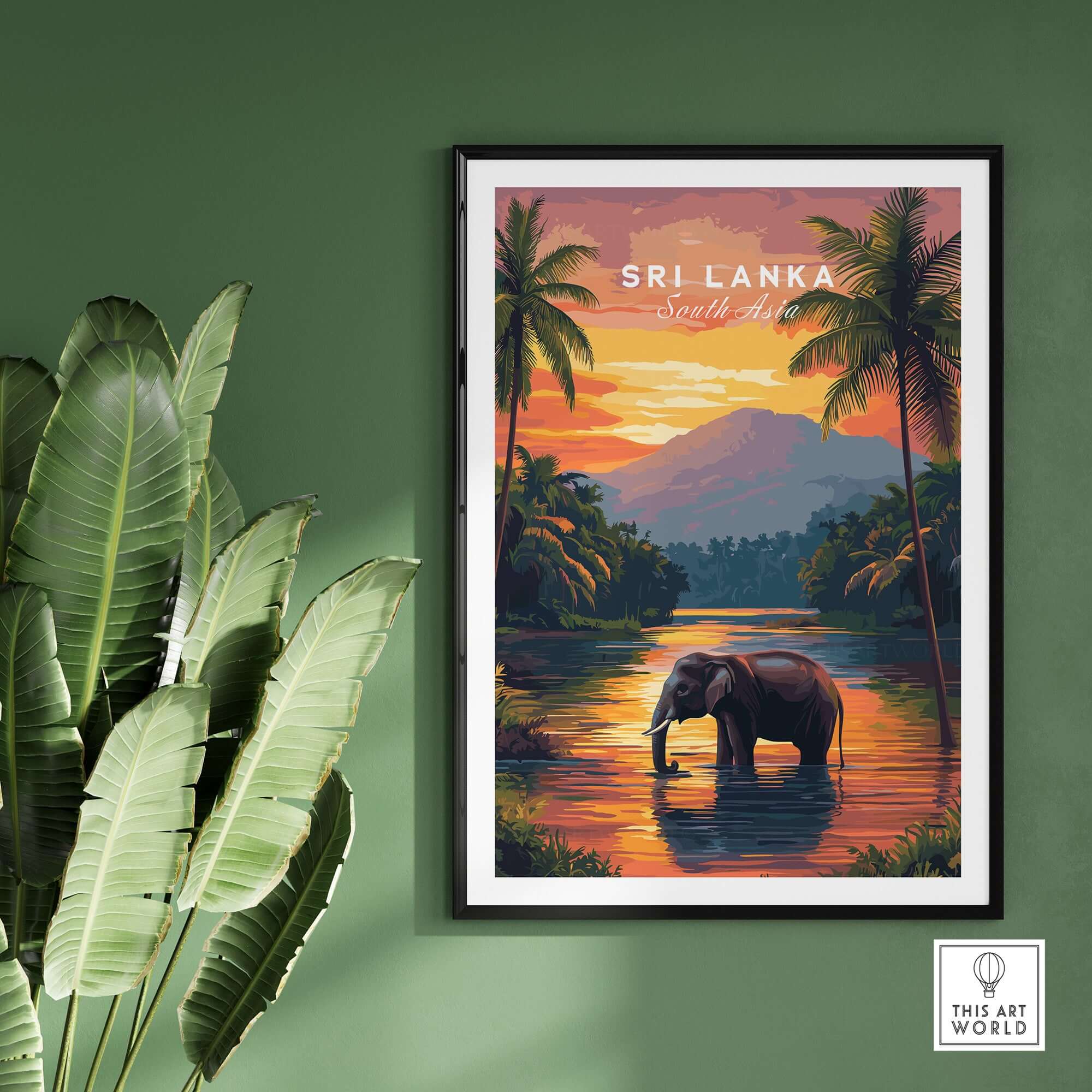 Sri Lanka Wildlife Art - Elephant Sunset Poster, South Asia Decor in a stylish framed design with tropical plants.