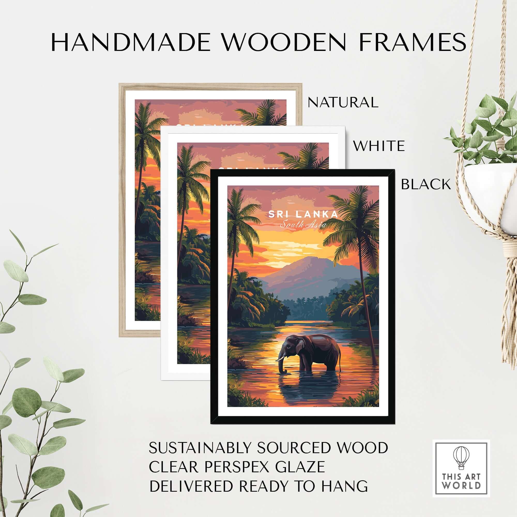 Sri Lanka Wildlife Art - Elephant Sunset Poster, South Asia Decor in handmade wooden frames of natural, white, and black.