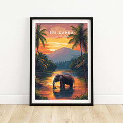 Sri Lanka Wildlife Art - Elephant Sunset Poster, South Asia Decor featuring a serene elephant in a sunset backdrop.