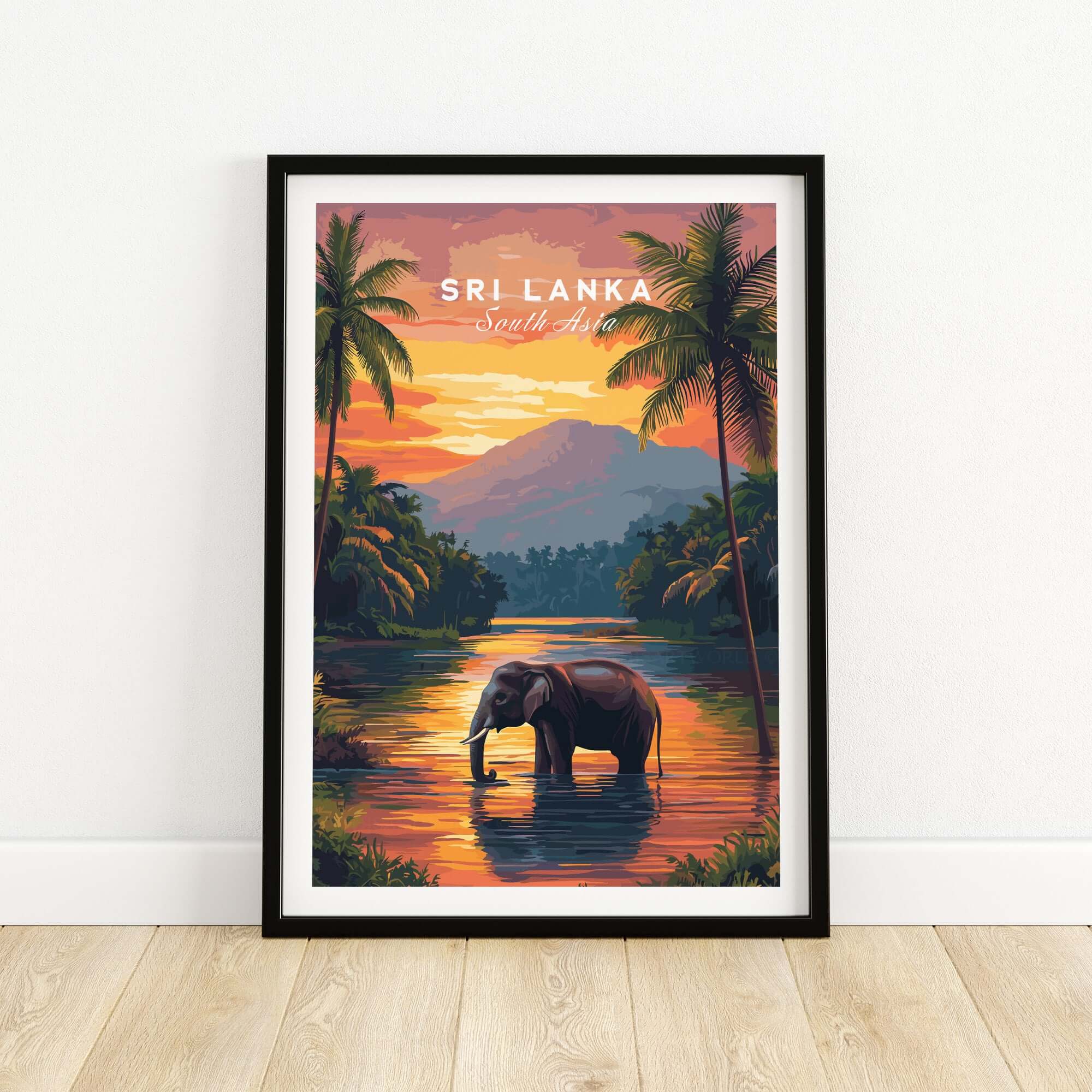 Sri Lanka Wildlife Art - Elephant Sunset Poster, South Asia Decor featuring a serene elephant in a sunset backdrop.