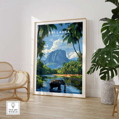 Sri Lanka Wildlife Poster - South Asia Landscape Art, Elephant Mountain View featuring an elephant near a mountain.