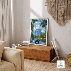 Sri Lanka Wildlife Poster - South Asia Landscape Art, Elephant Mountain View displayed in a cozy living room.