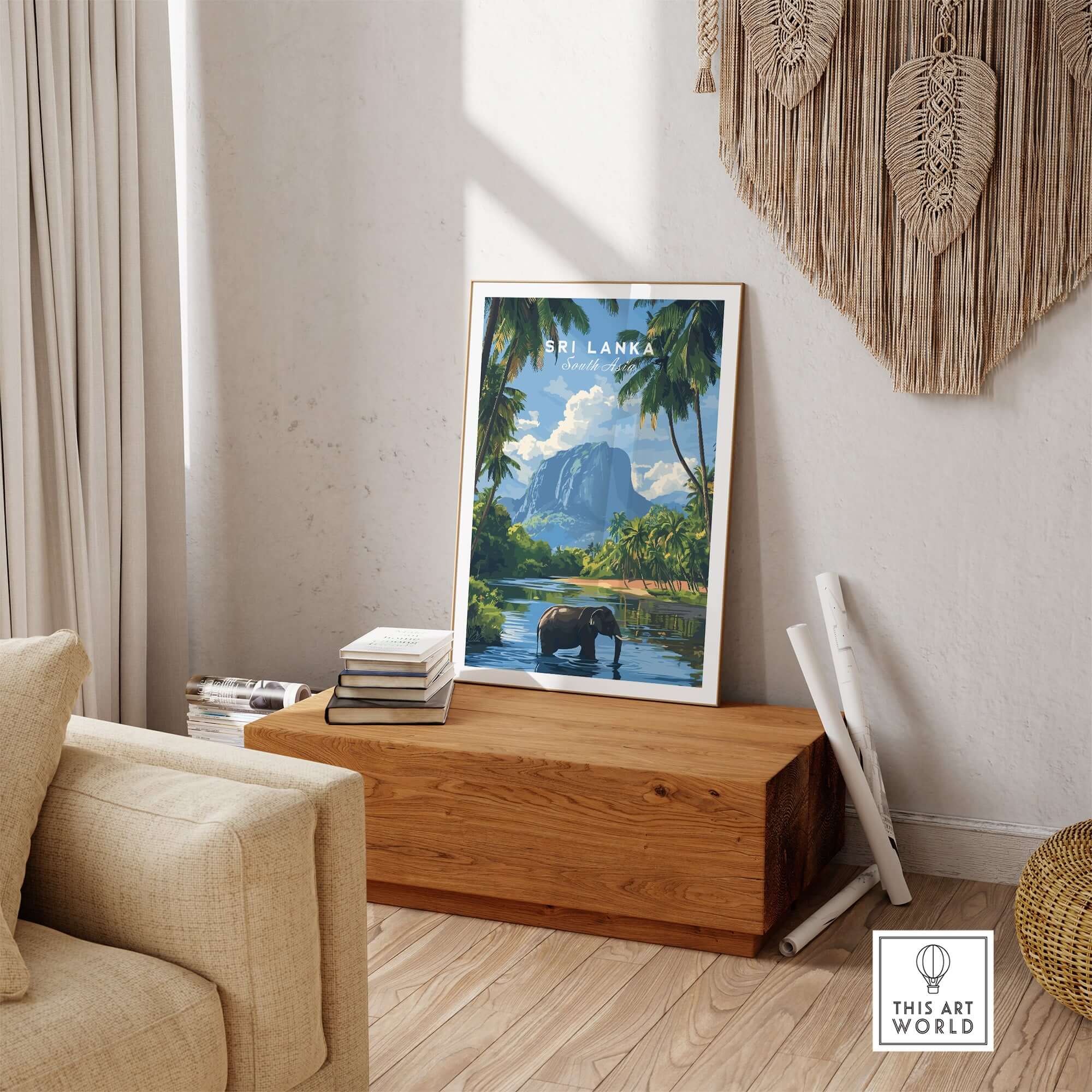 Sri Lanka Wildlife Poster - South Asia Landscape Art, Elephant Mountain View displayed in a cozy living room.