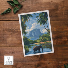 Sri Lanka Wildlife Poster - South Asia Landscape Art, Elephant Mountain View featuring an elephant by a river and mountains.