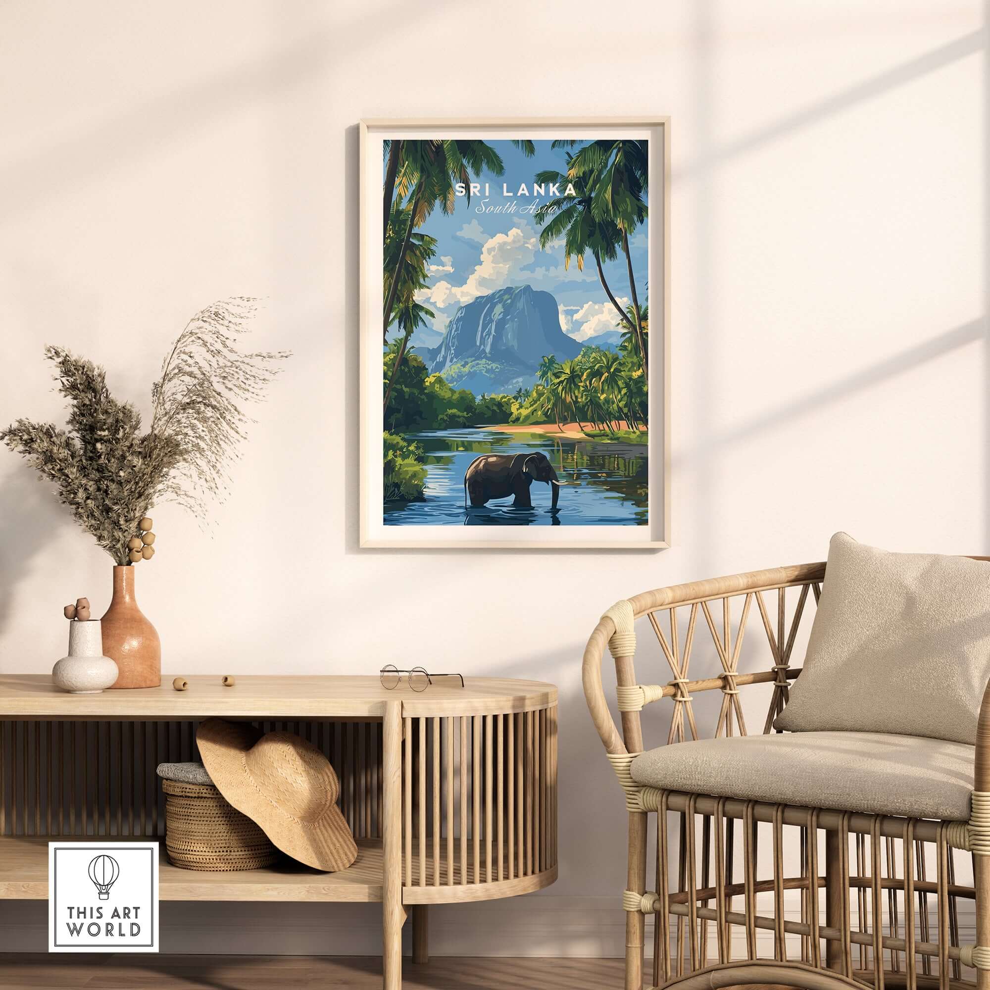 Sri Lanka Wildlife Poster - South Asia Landscape Art, Elephant Mountain View in a stylish interior setting.