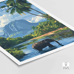 Sri Lanka Wildlife Poster - South Asia Landscape Art, Elephant Mountain View with an elephant by a river.
