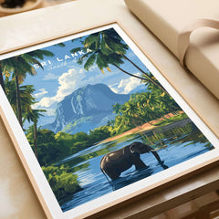 Sri Lanka Wildlife Poster - South Asia Landscape Art, Elephant Mountain View featuring a serene elephant by a lush mountain backdrop.
