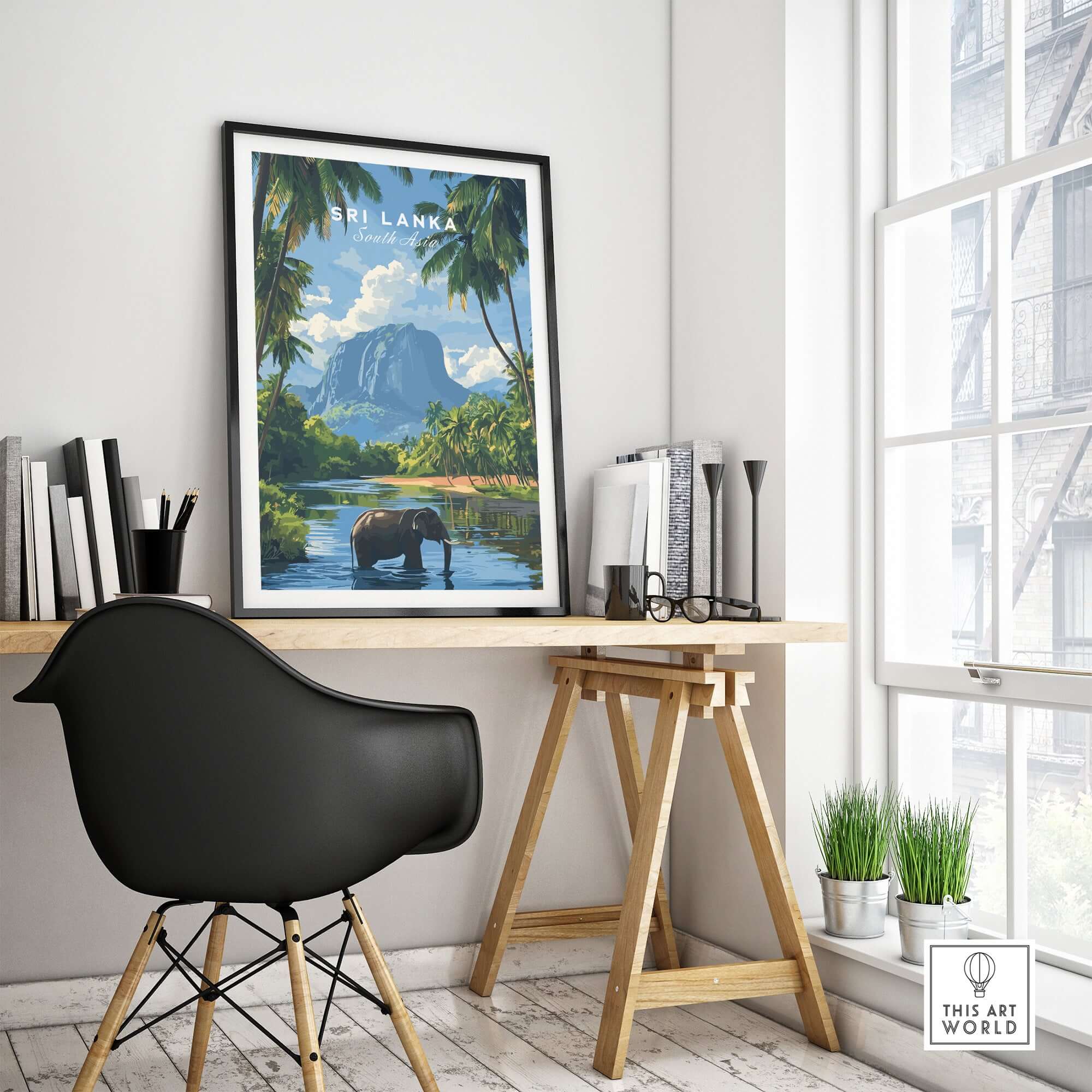 Sri Lanka Wildlife Poster - South Asia Landscape Art, Elephant Mountain View displayed in a modern office space.