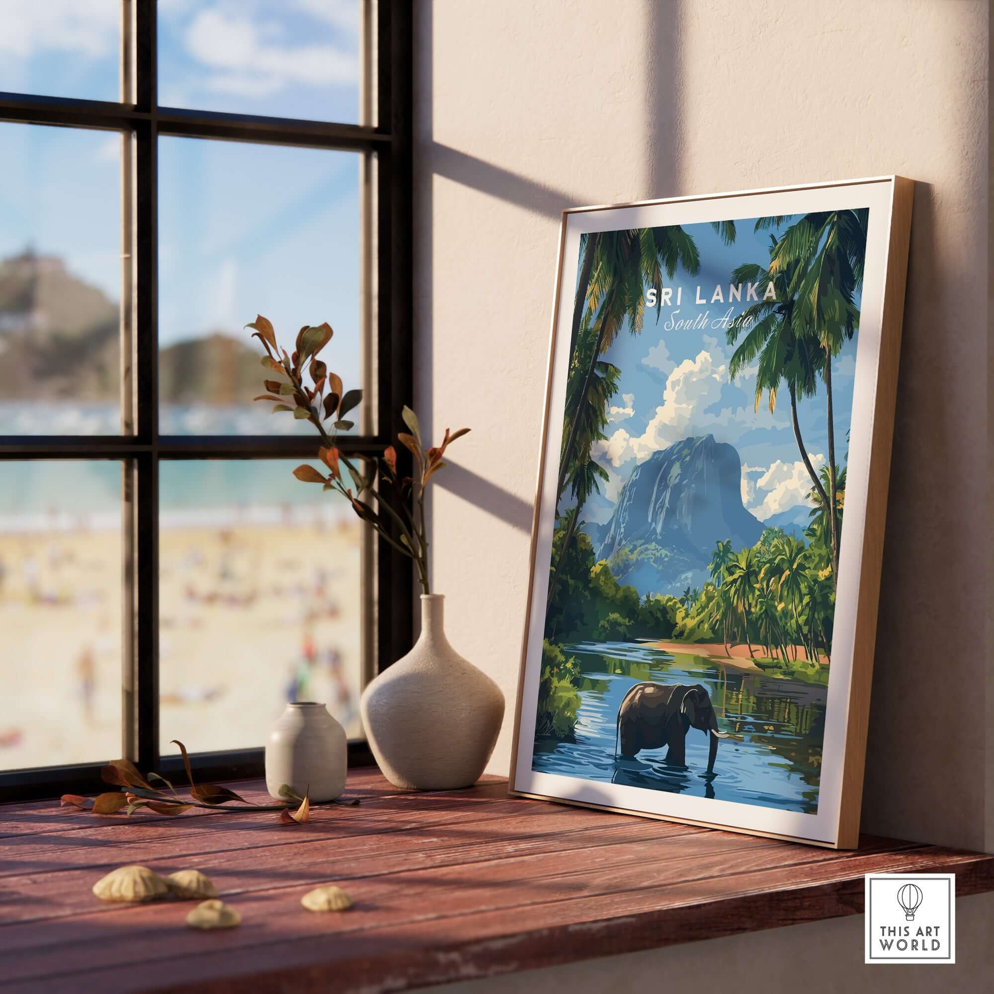 Sri Lanka Wildlife Poster - South Asia Landscape Art, Elephant Mountain View displayed in a sunny interior.