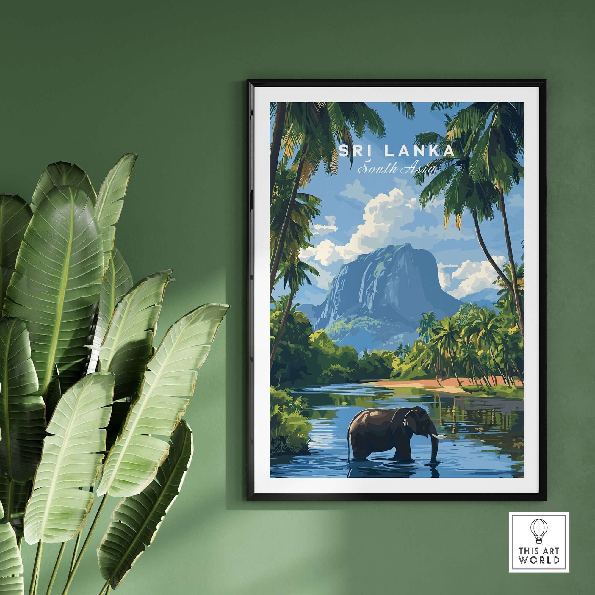 Sri Lanka Wildlife Poster - South Asia Landscape Art, Elephant Mountain View with lush green plants