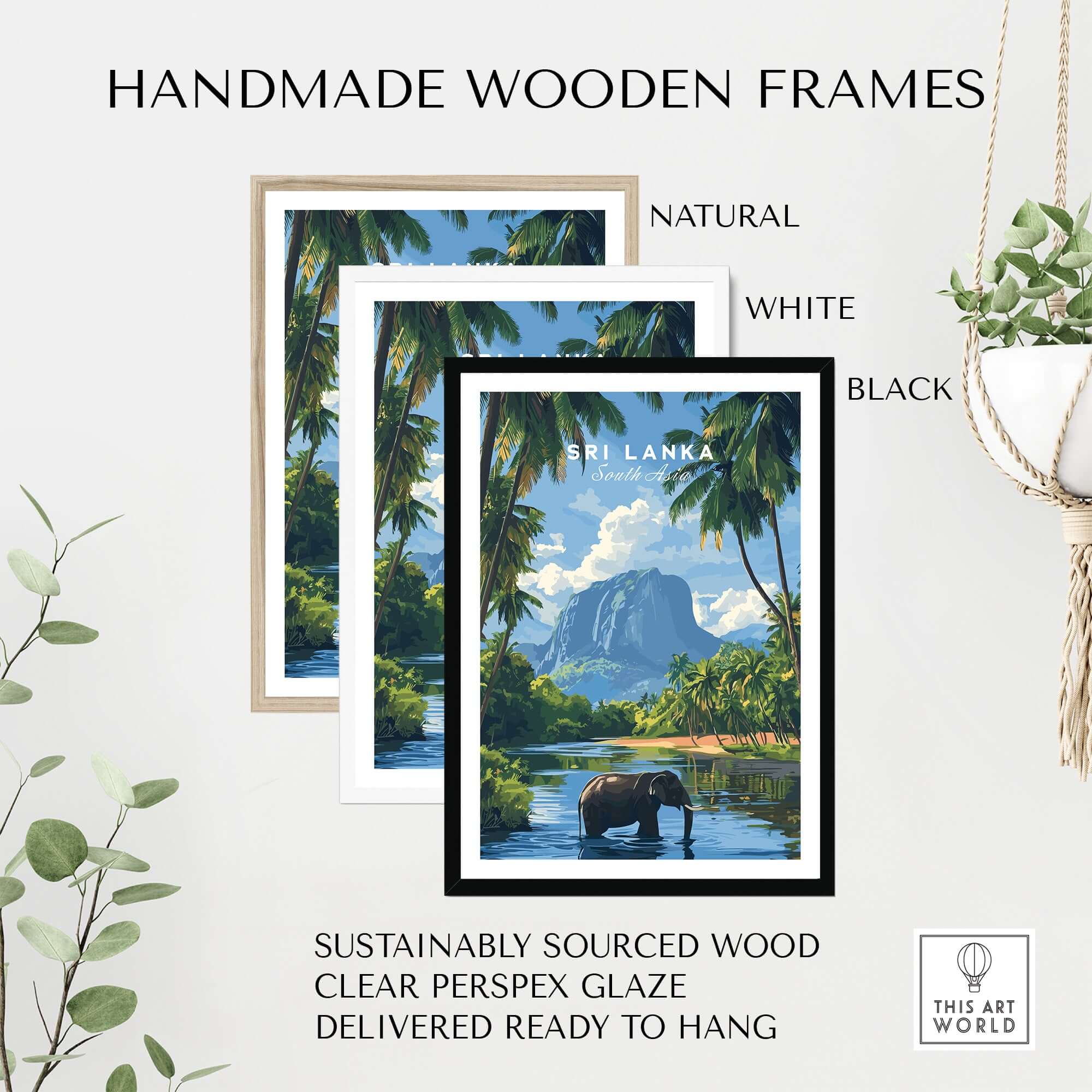Sri Lanka Wildlife Poster - South Asia Landscape Art, Elephant Mountain View in handmade wooden frames.