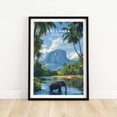 Sri Lanka Wildlife Poster - South Asia Landscape Art, Elephant Mountain View, featuring a serene elephant by the river.