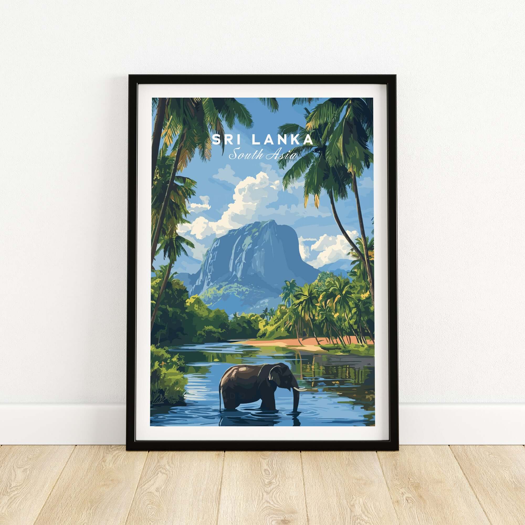 Sri Lanka Wildlife Poster - South Asia Landscape Art, Elephant Mountain View, featuring a serene elephant by the river.