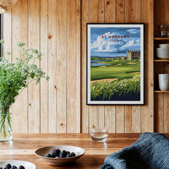 St Andrews Scotland Old Course Sunset Poster - Iconic Golf Landscape Print displayed in a cozy interior setting.