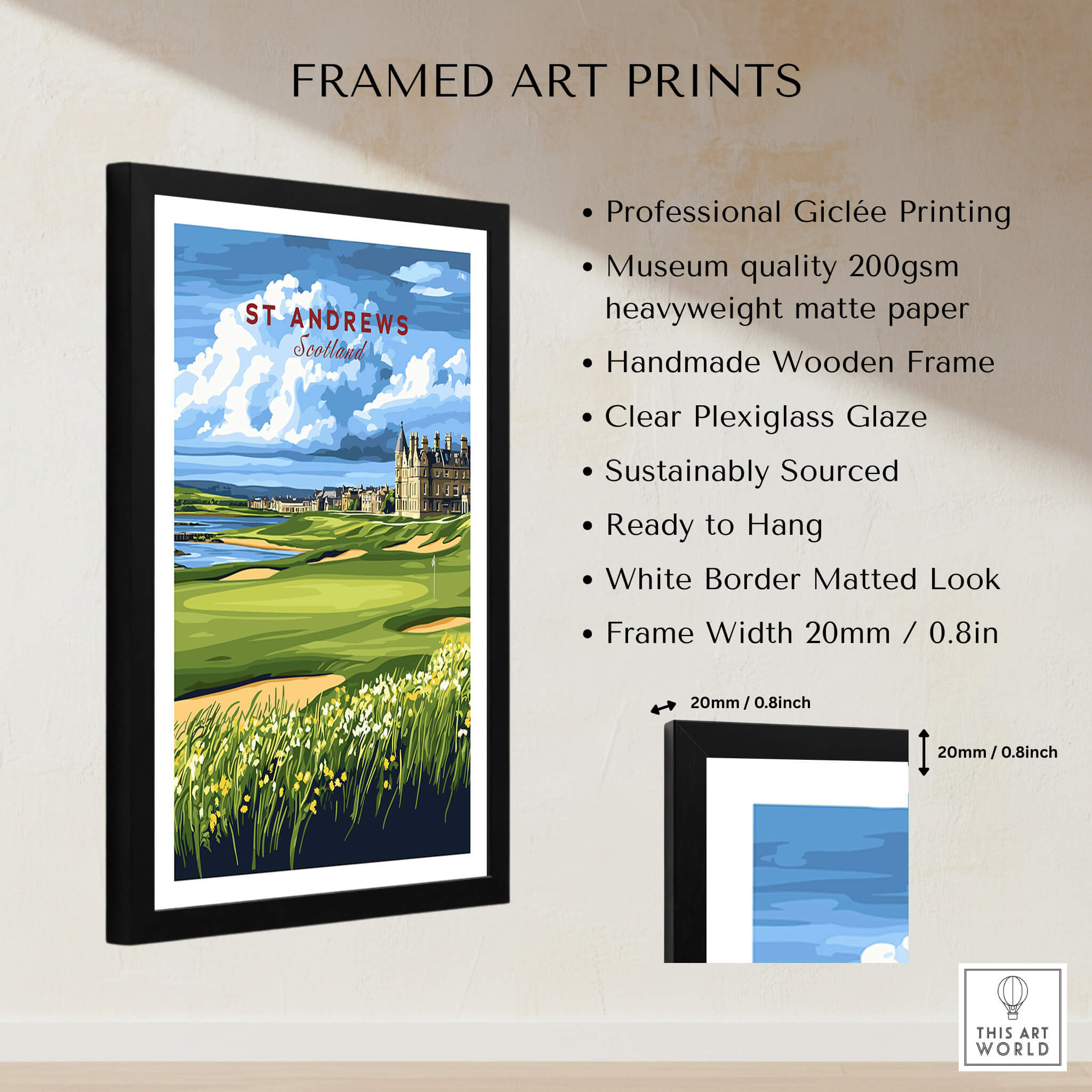 St Andrews Scotland Old Course Sunset Poster - Iconic Golf Landscape Print framed in black wood with giclée printing.