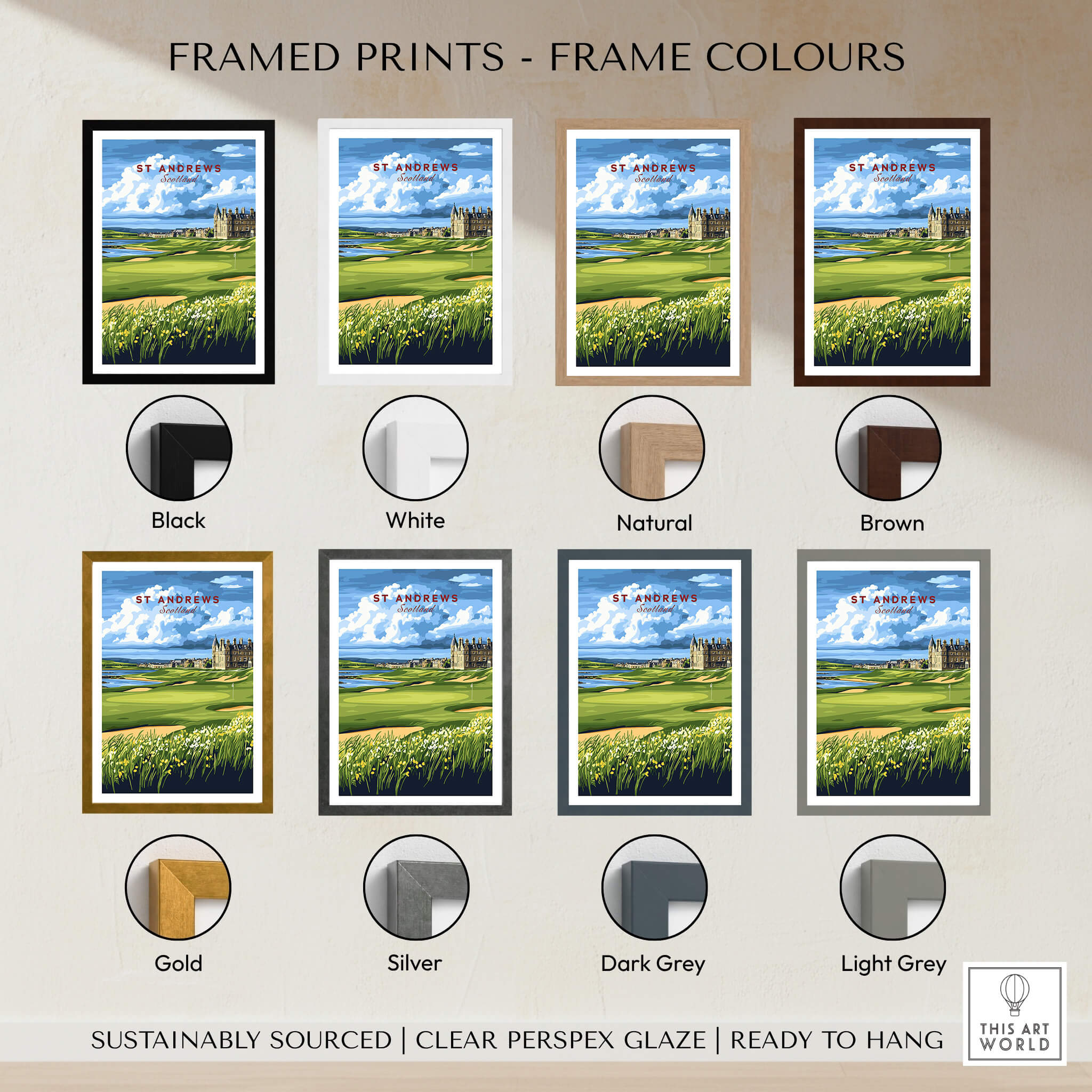 St Andrews Scotland Old Course Sunset Poster - Iconic Golf Landscape Print available in various frame colors.