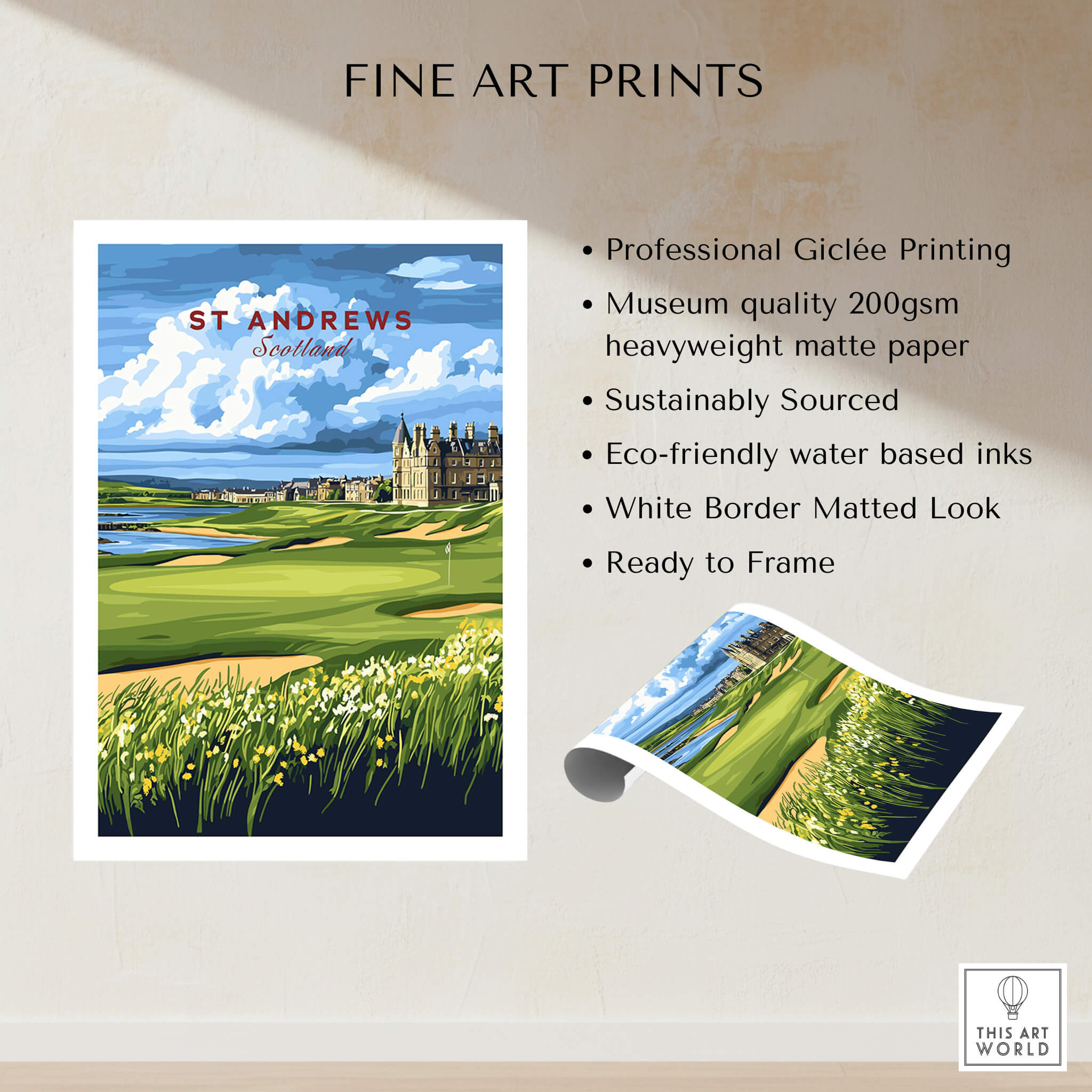 St Andrews Scotland Old Course Sunset Poster - Iconic Golf Landscape Print showcasing professional Giclée printing and eco-friendly materials.