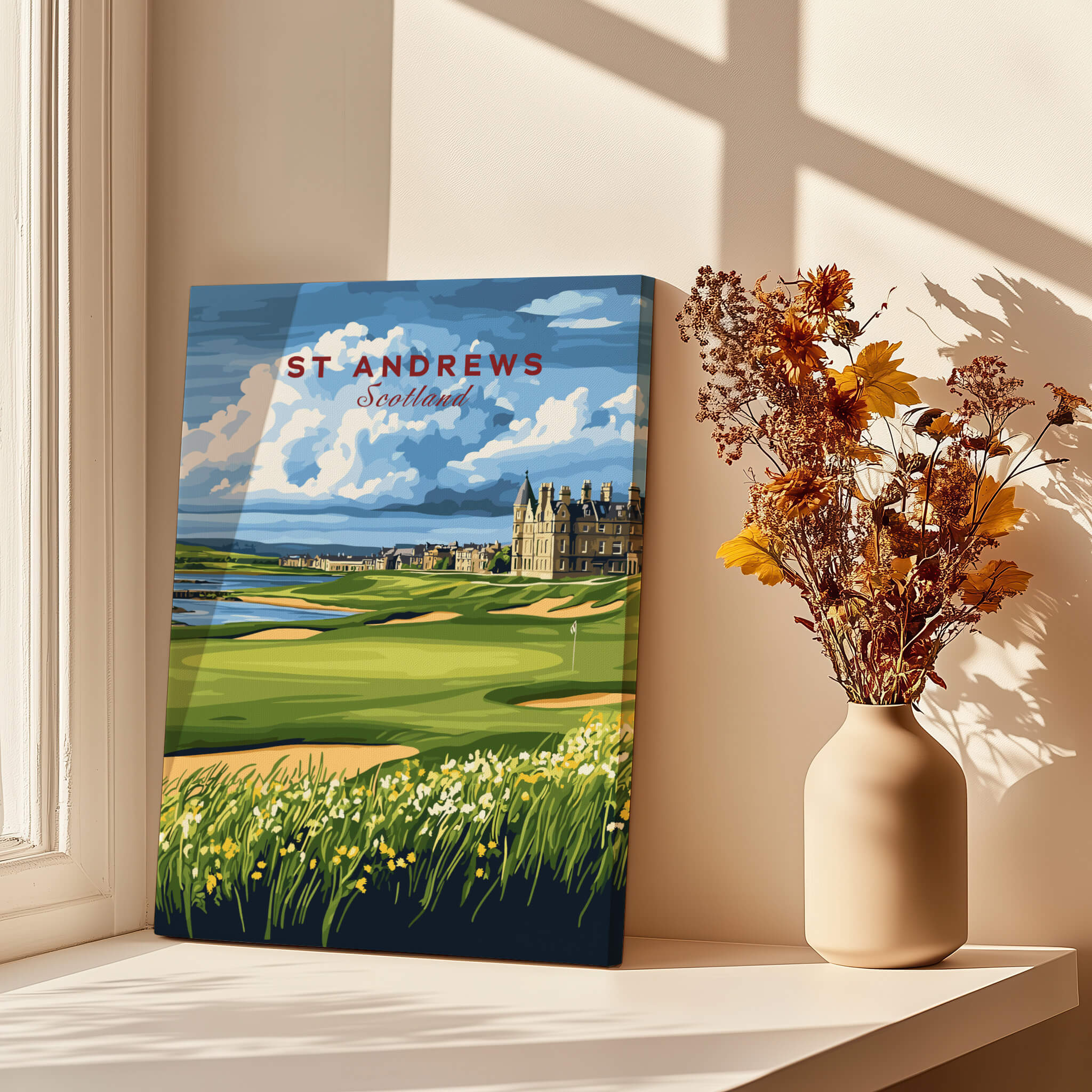 St Andrews Scotland Old Course Sunset Poster - Iconic Golf Landscape Print on display by a window with flowers.