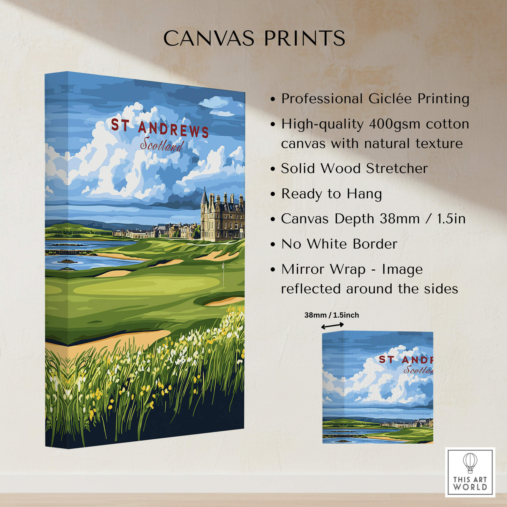 St Andrews Scotland Old Course Sunset Poster - Iconic Golf Landscape Print canvas print showcasing vibrant golf landscape.