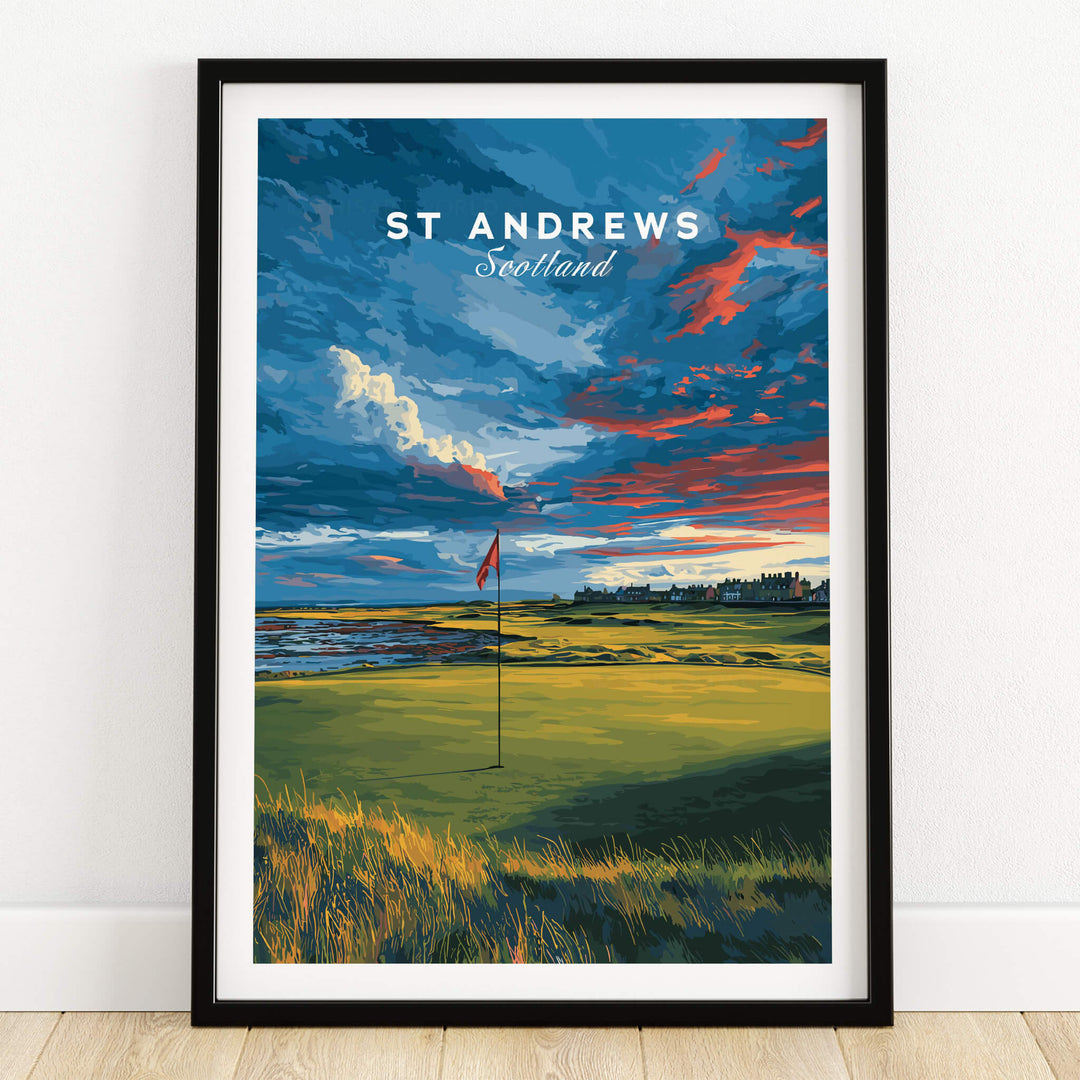 St Andrews Scotland Old Course Green Print - Famous Golf Course Poster displayed in a modern frame with beautiful landscape.