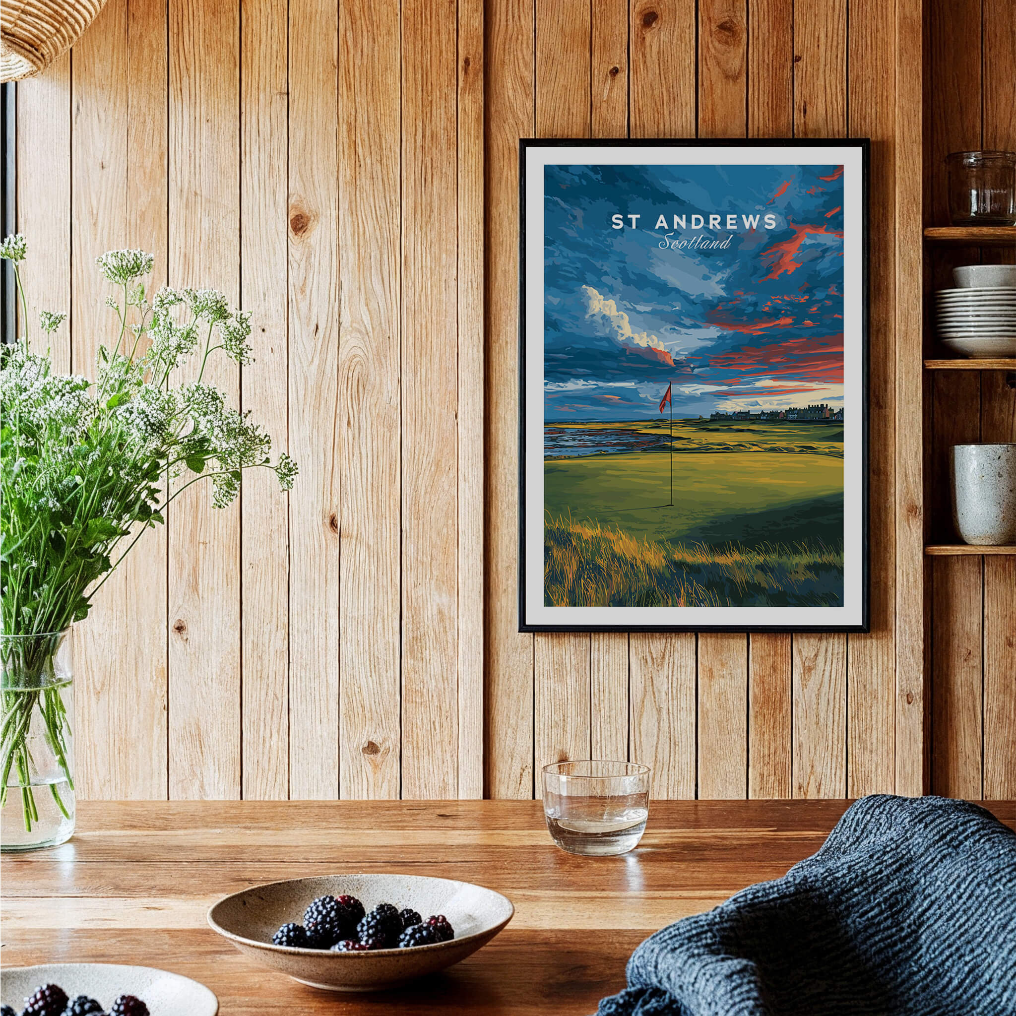 St Andrews Scotland Old Course Green Print - Famous Golf Course Poster displayed in a cozy interior setting.