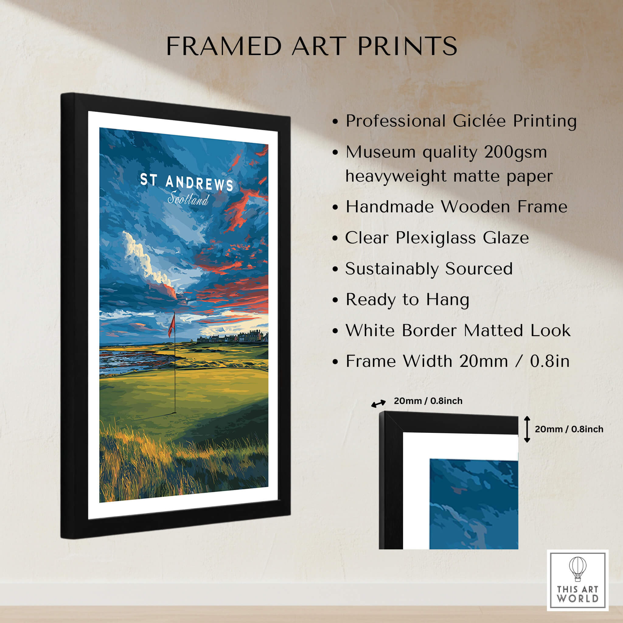 St Andrews Scotland Old Course Green Print - Famous Golf Course Poster in a framed art print display.