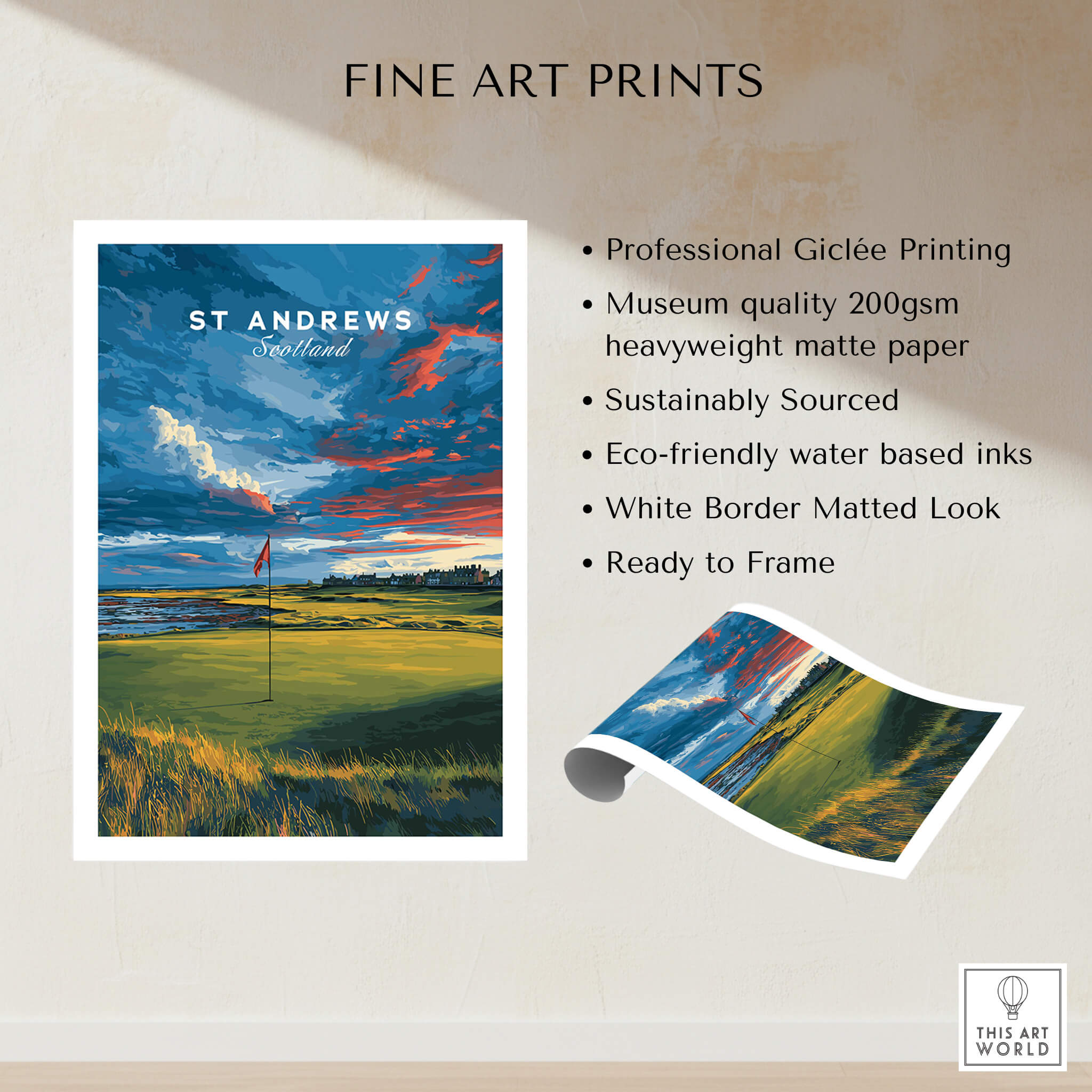 St Andrews Scotland Old Course Green Print - Famous Golf Course Poster showcasing vibrant landscape and golf green.