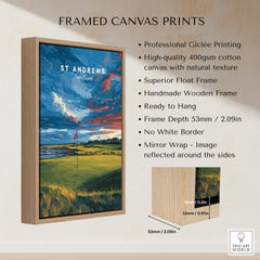 St Andrews Scotland Old Course Green Print - Famous Golf Course Poster displayed in a handmade wooden frame.