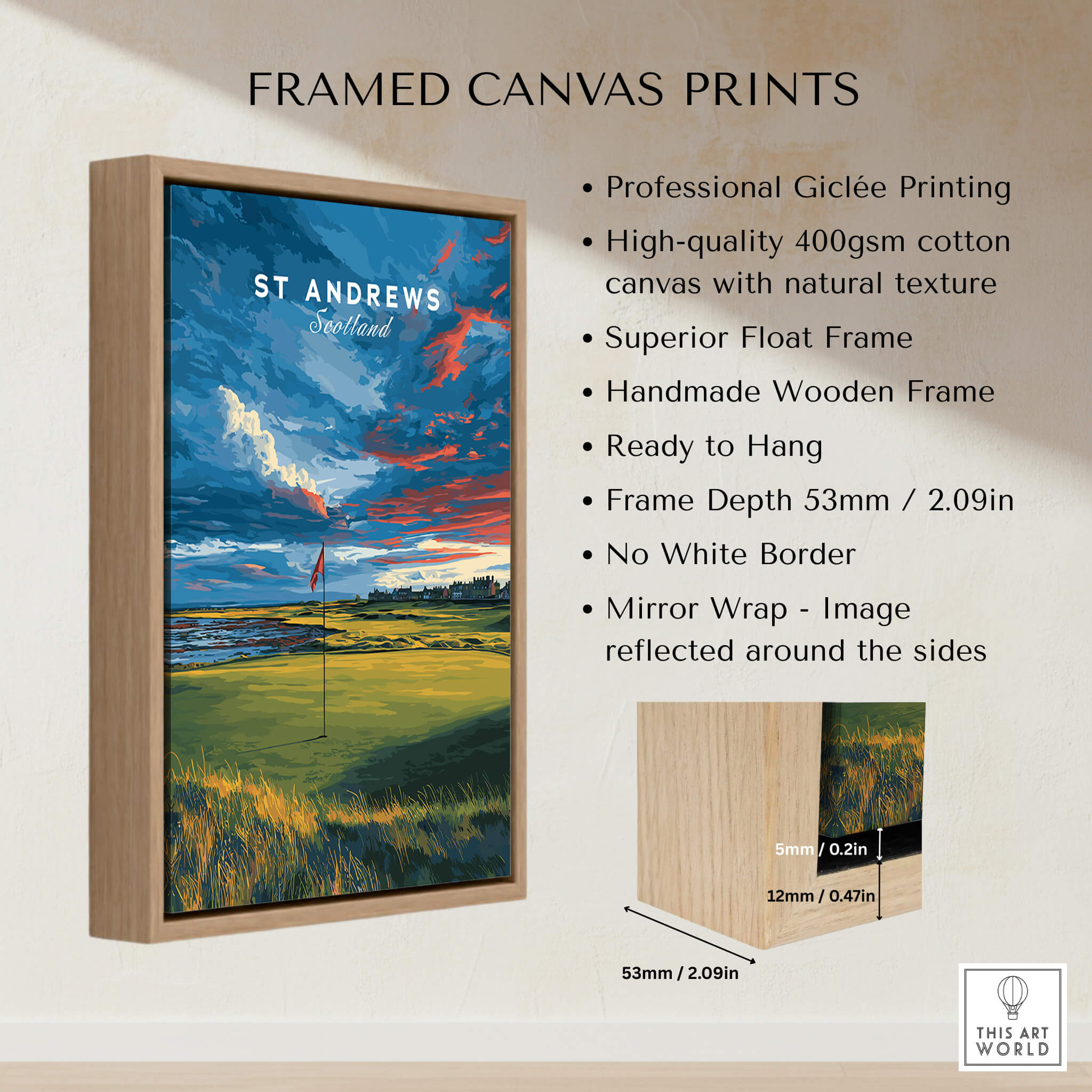 St Andrews Scotland Old Course Green Print - Famous Golf Course Poster displayed in a handmade wooden frame.