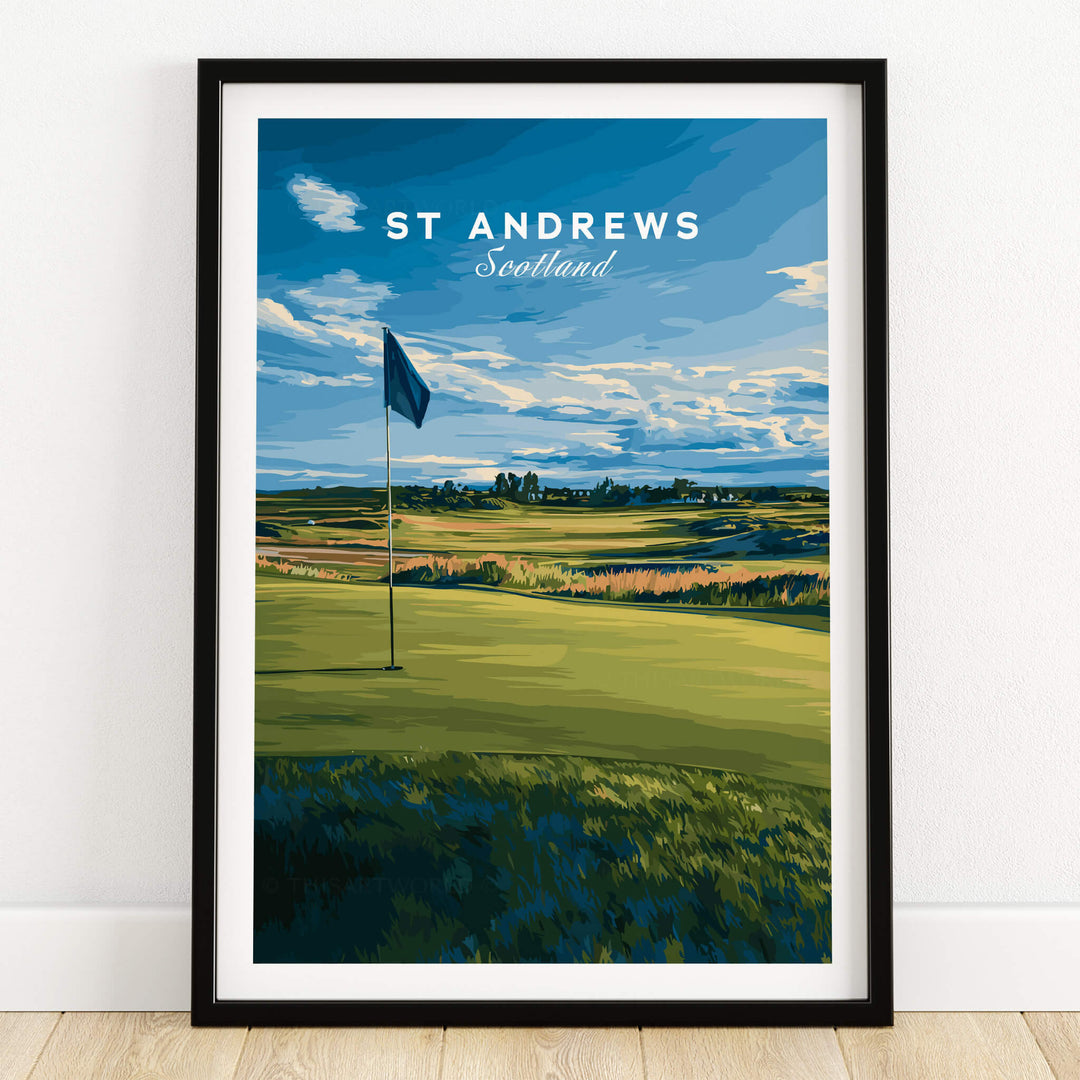 St Andrews Poster Scotland - Golf Print featuring a vibrant golf course scene with a flag, perfect for golf enthusiasts.