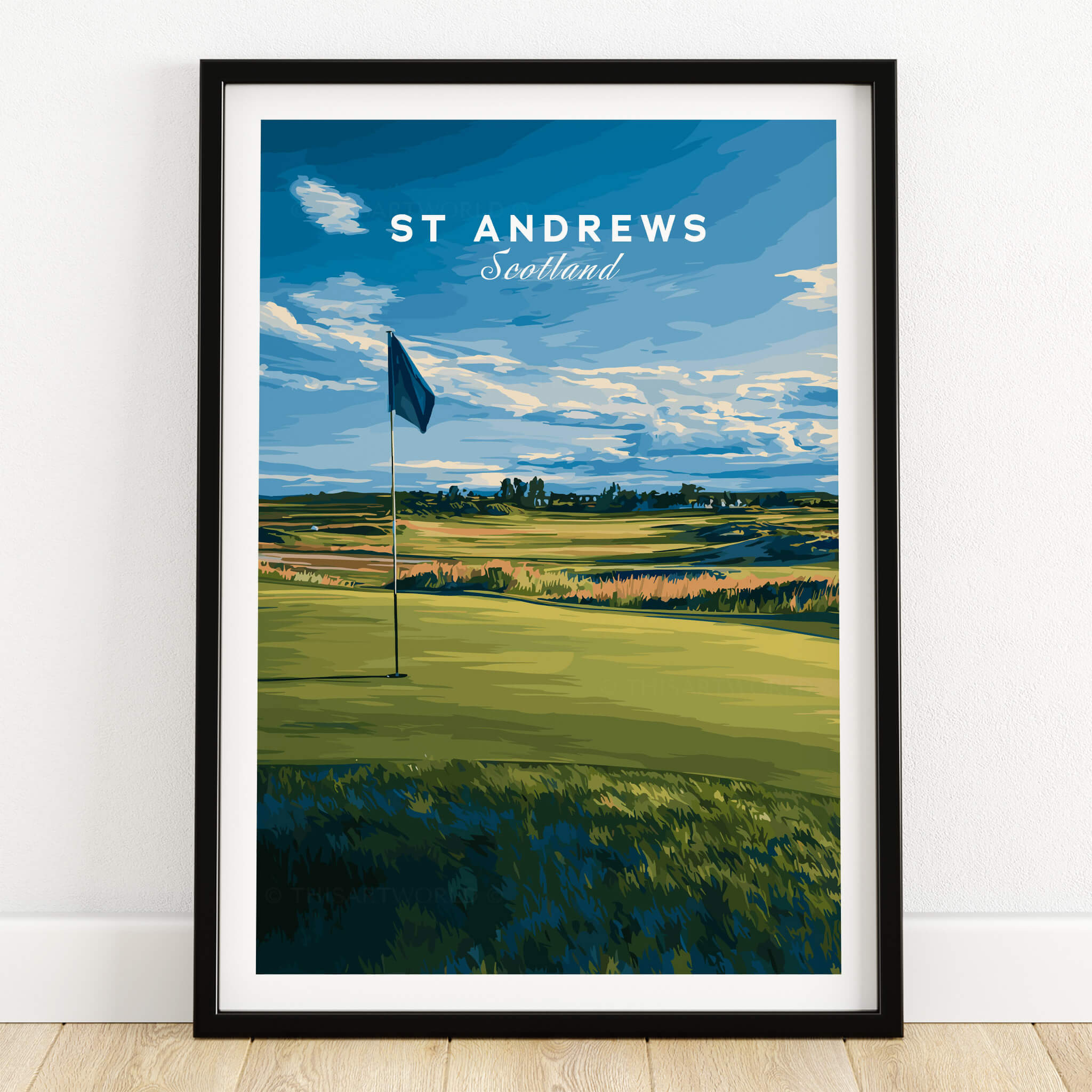 St Andrews Poster Scotland - Golf Print featuring a vibrant golf course scene with a flag, perfect for golf enthusiasts.