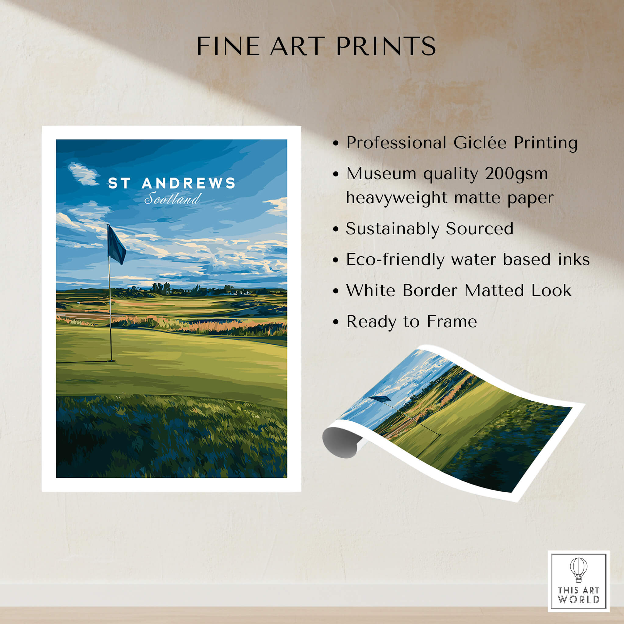 St Andrews Poster Scotland - Golf Print featuring a golf flag on a lush green landscape, perfect for home or office decor.