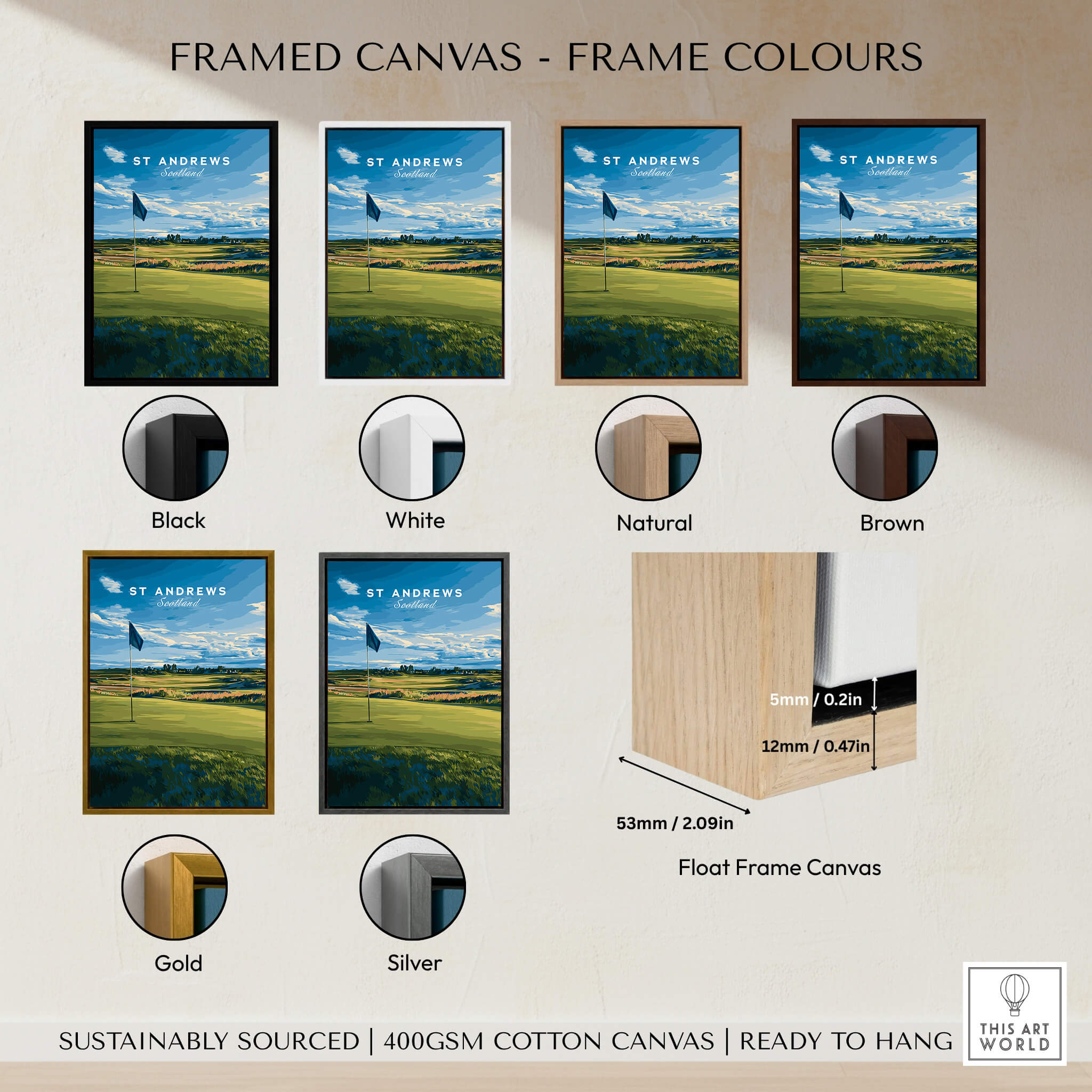 St Andrews Poster Scotland - Golf Print framed canvas options in black, white, natural, brown, gold, and silver.