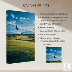 St Andrews Poster Scotland - Golf Print showcasing a beautiful golf landscape with a flag and natural scenery.
