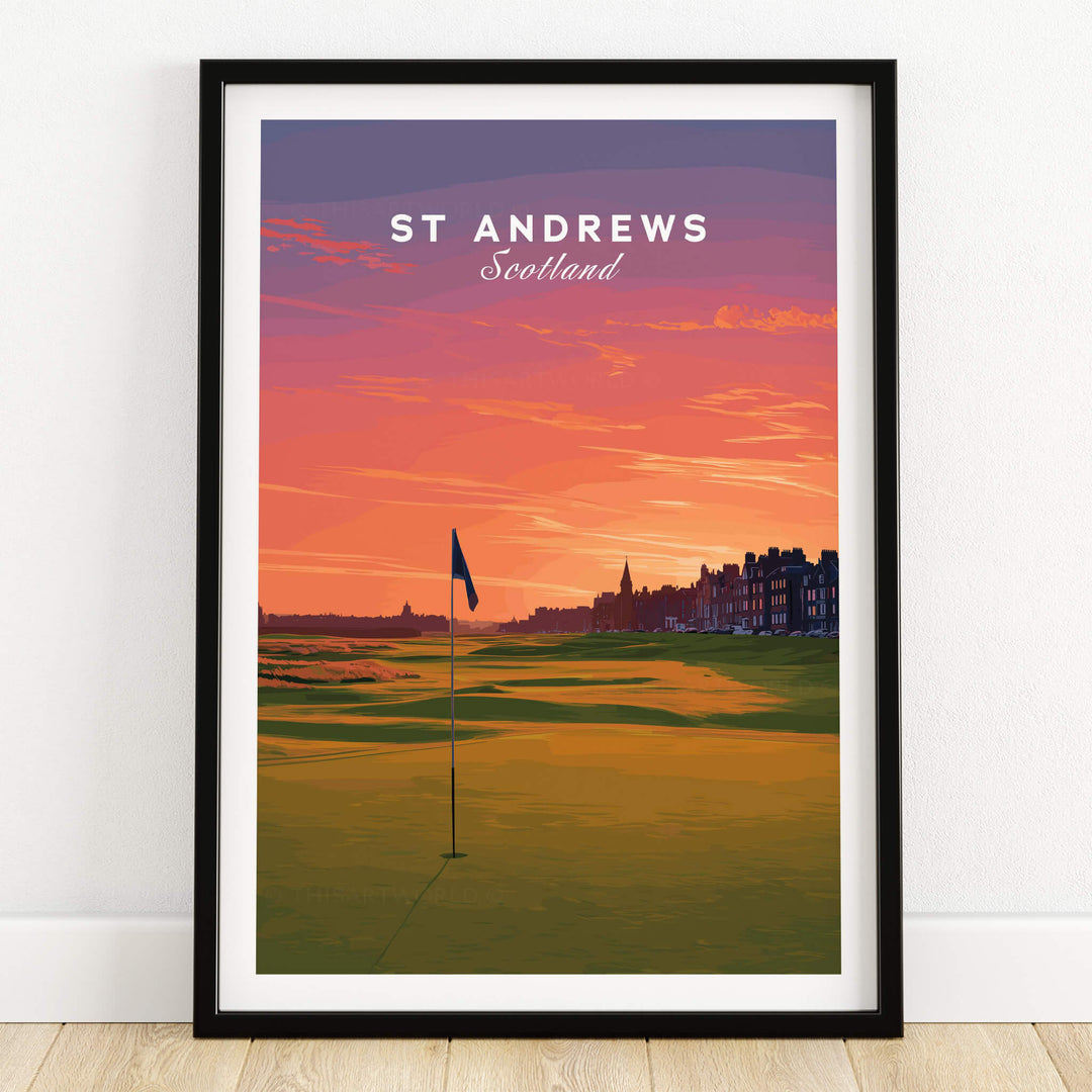 St Andrews Wall Art Scotland Home of Golf Poster - Scottish Links Decor framed poster featuring golf course at sunset.