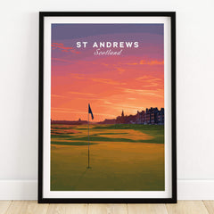 St Andrews Wall Art Scotland Home of Golf Poster - Scottish Links Decor framed poster featuring golf course at sunset.