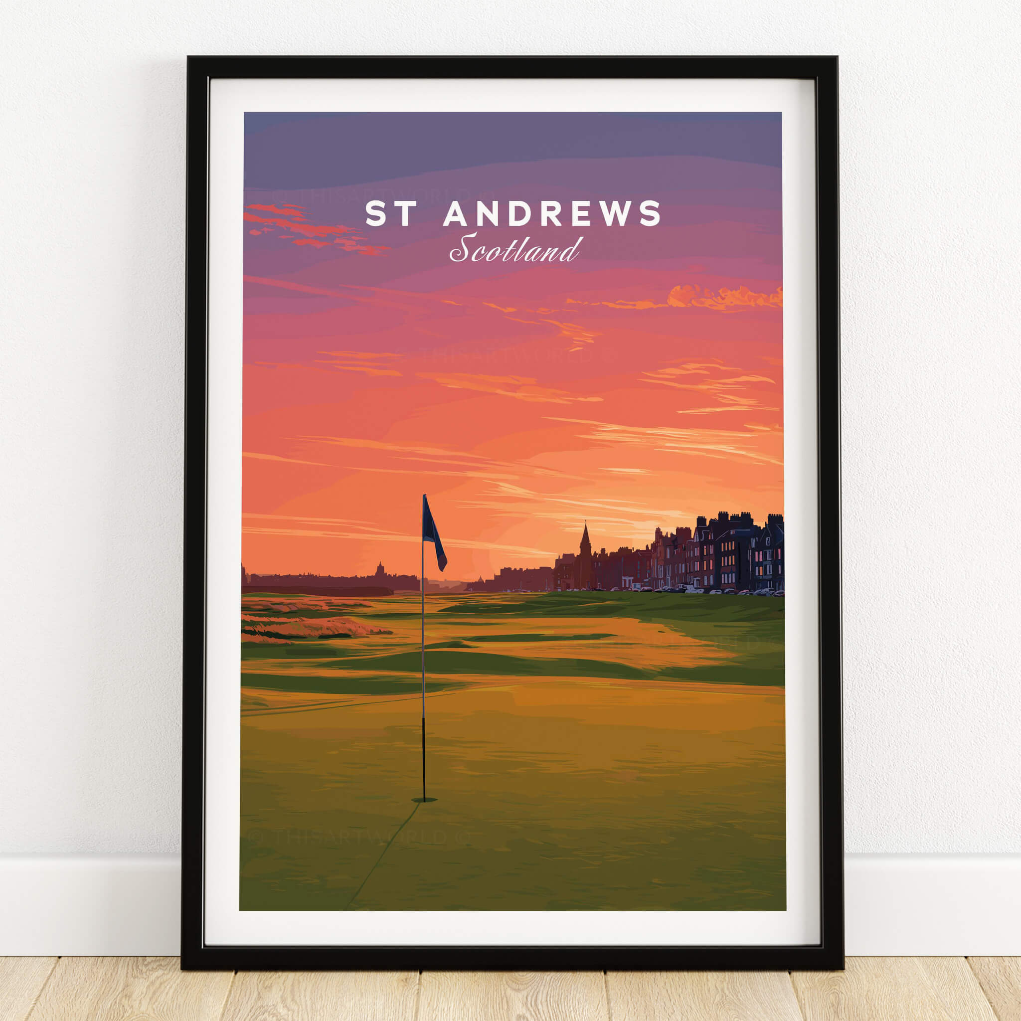 St Andrews Wall Art Scotland Home of Golf Poster - Scottish Links Decor framed poster featuring golf course at sunset.
