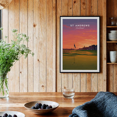 St Andrews Wall Art Scotland Home of Golf Poster - Scottish Links Decor displayed in a cozy wooden setting.
