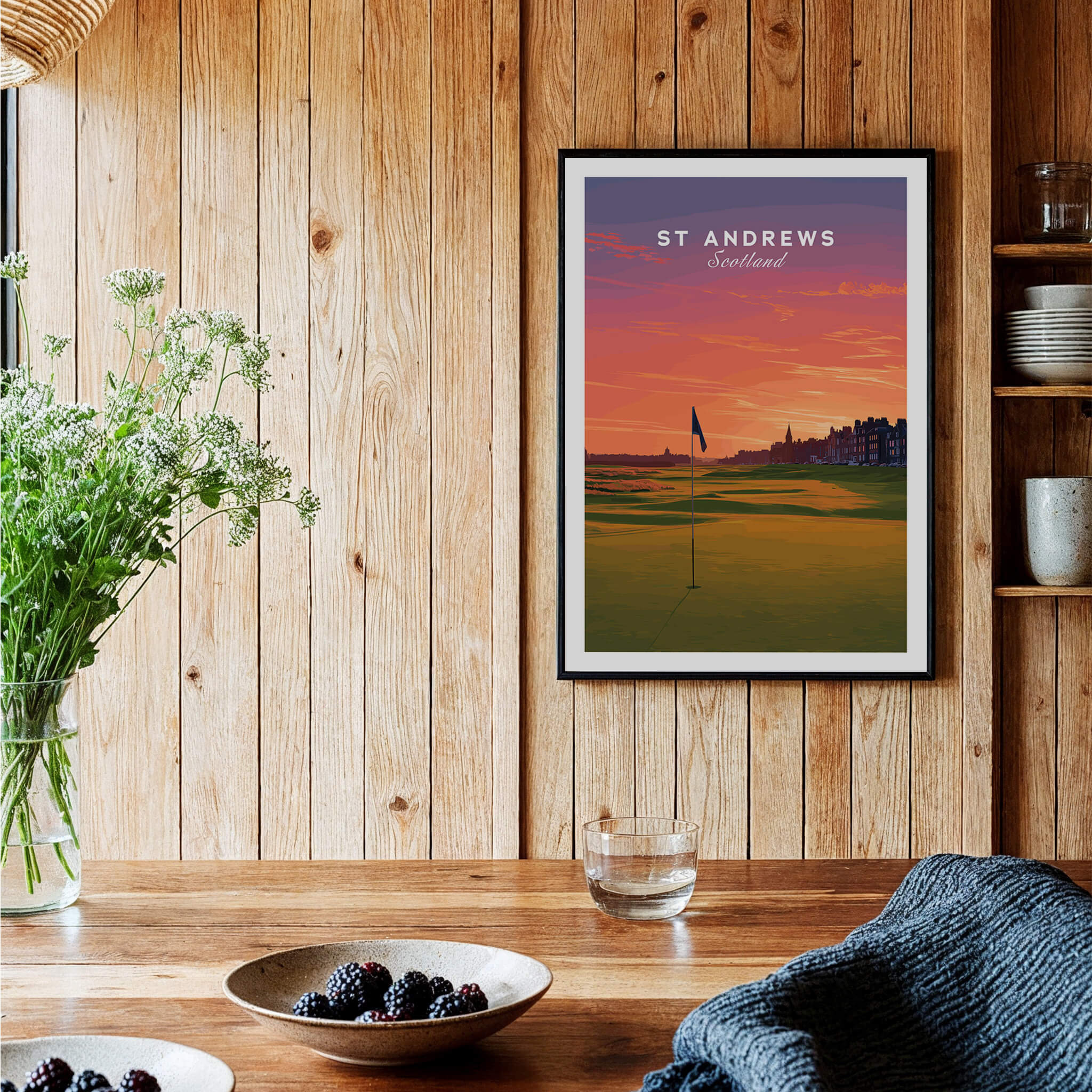 St Andrews Wall Art Scotland Home of Golf Poster - Scottish Links Decor displayed in a cozy wooden setting.
