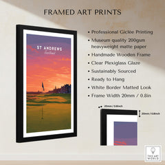 St Andrews Wall Art Scotland Home of Golf Poster - Scottish Links Decor framed art print with sunset golf course design