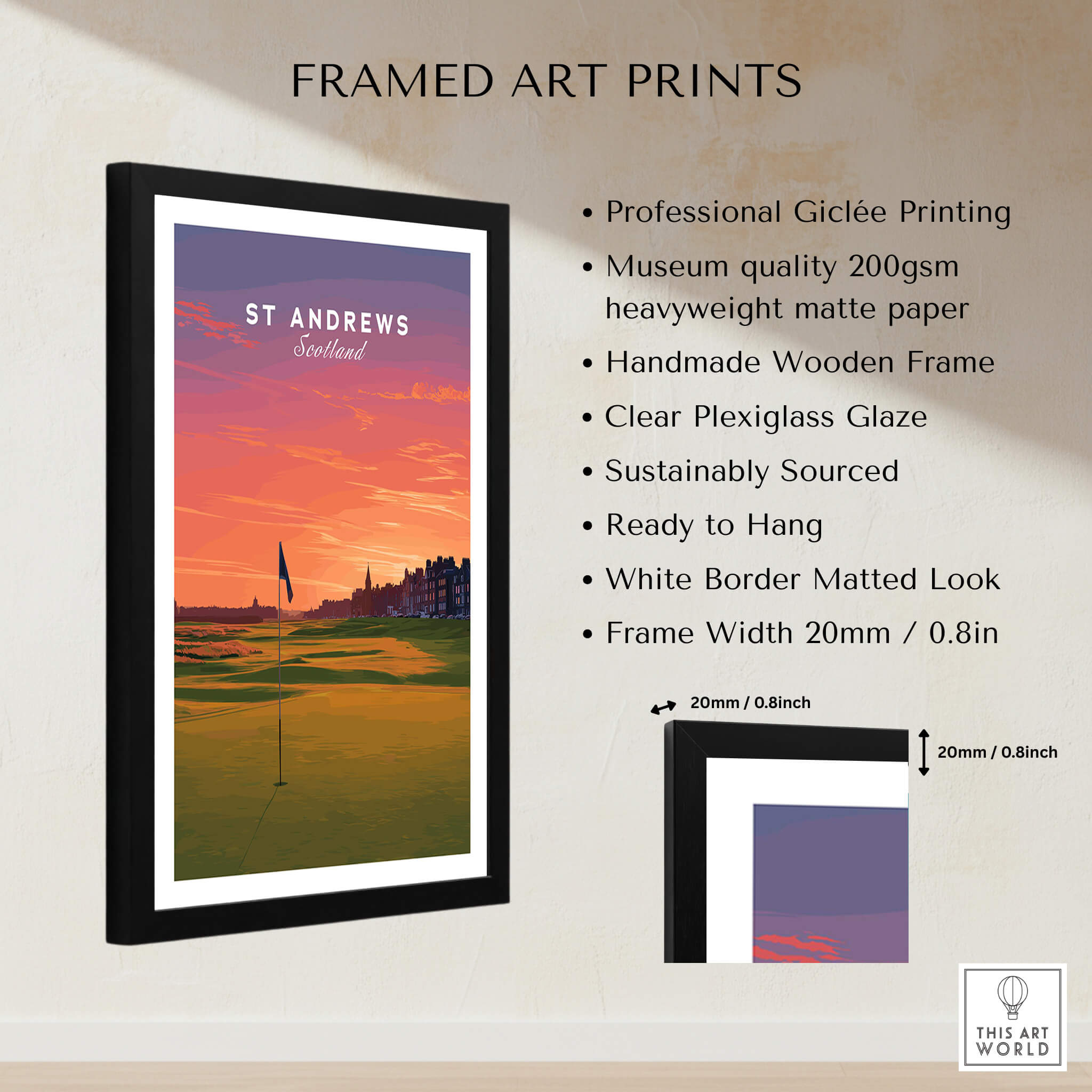 St Andrews Wall Art Scotland Home of Golf Poster - Scottish Links Decor framed art print with sunset golf course design