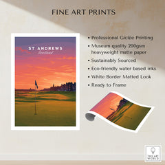 St Andrews Wall Art Scotland Home of Golf Poster - Scottish Links Decor featuring a sunset over the iconic golf course.
