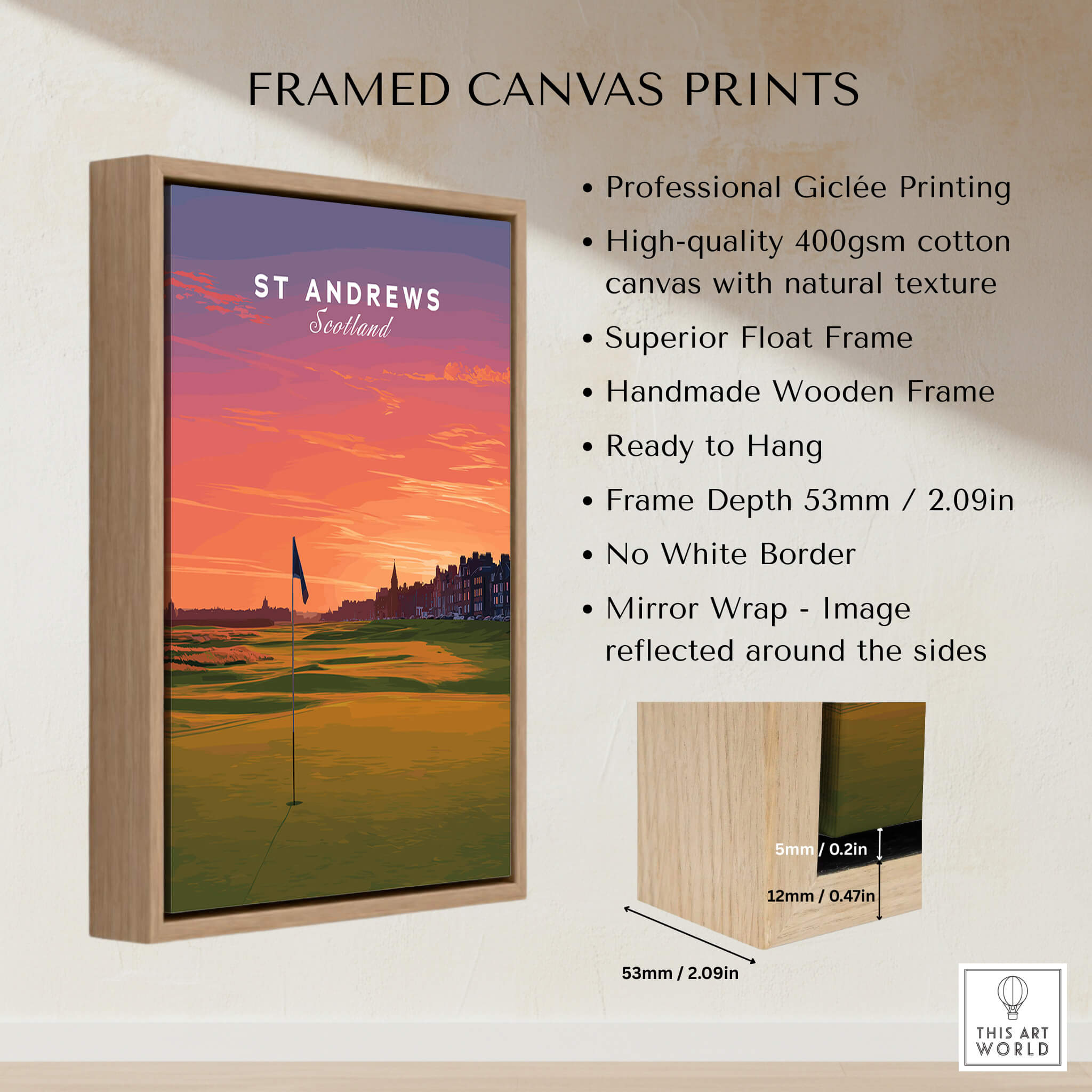 St Andrews Wall Art Scotland Home of Golf Poster - Scottish Links Decor displayed as framed canvas print.