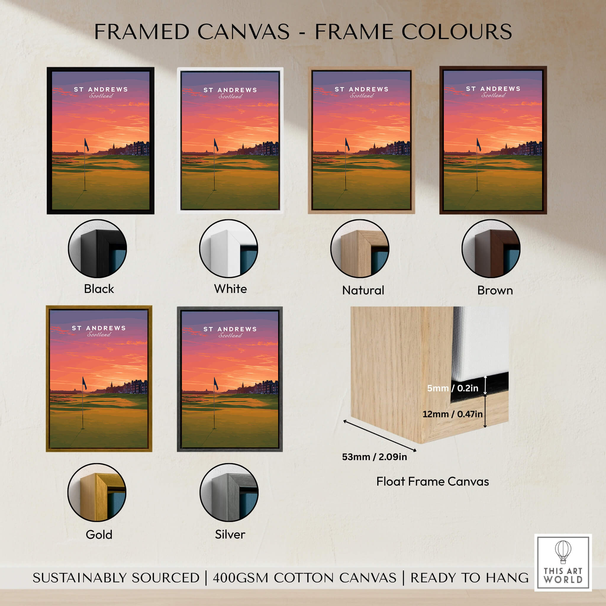 Framed canvas options for St Andrews Wall Art Scotland Home of Golf Poster - Scottish Links Decor, featuring various frame colors.