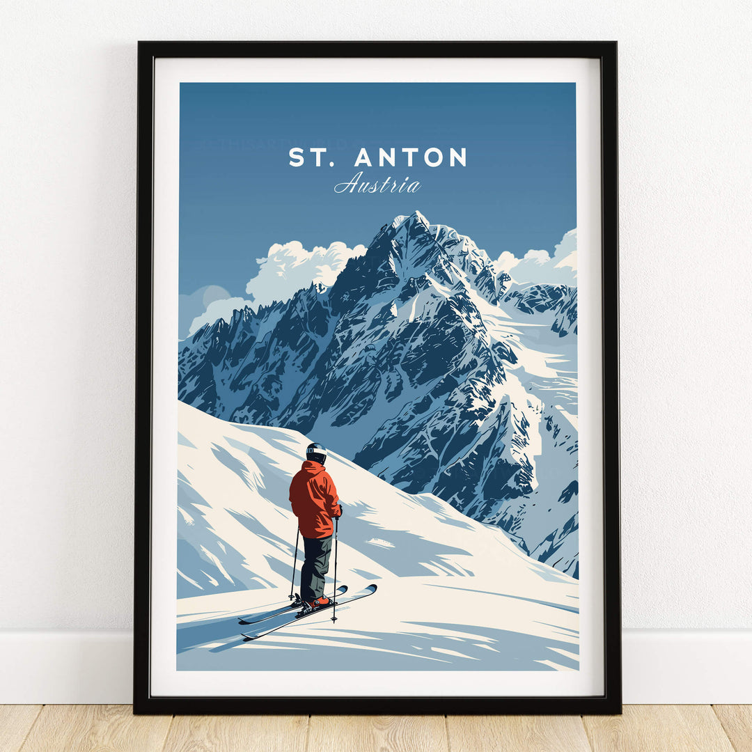 St. Anton Ski Print featuring a skier against a stunning mountain backdrop in Austria.