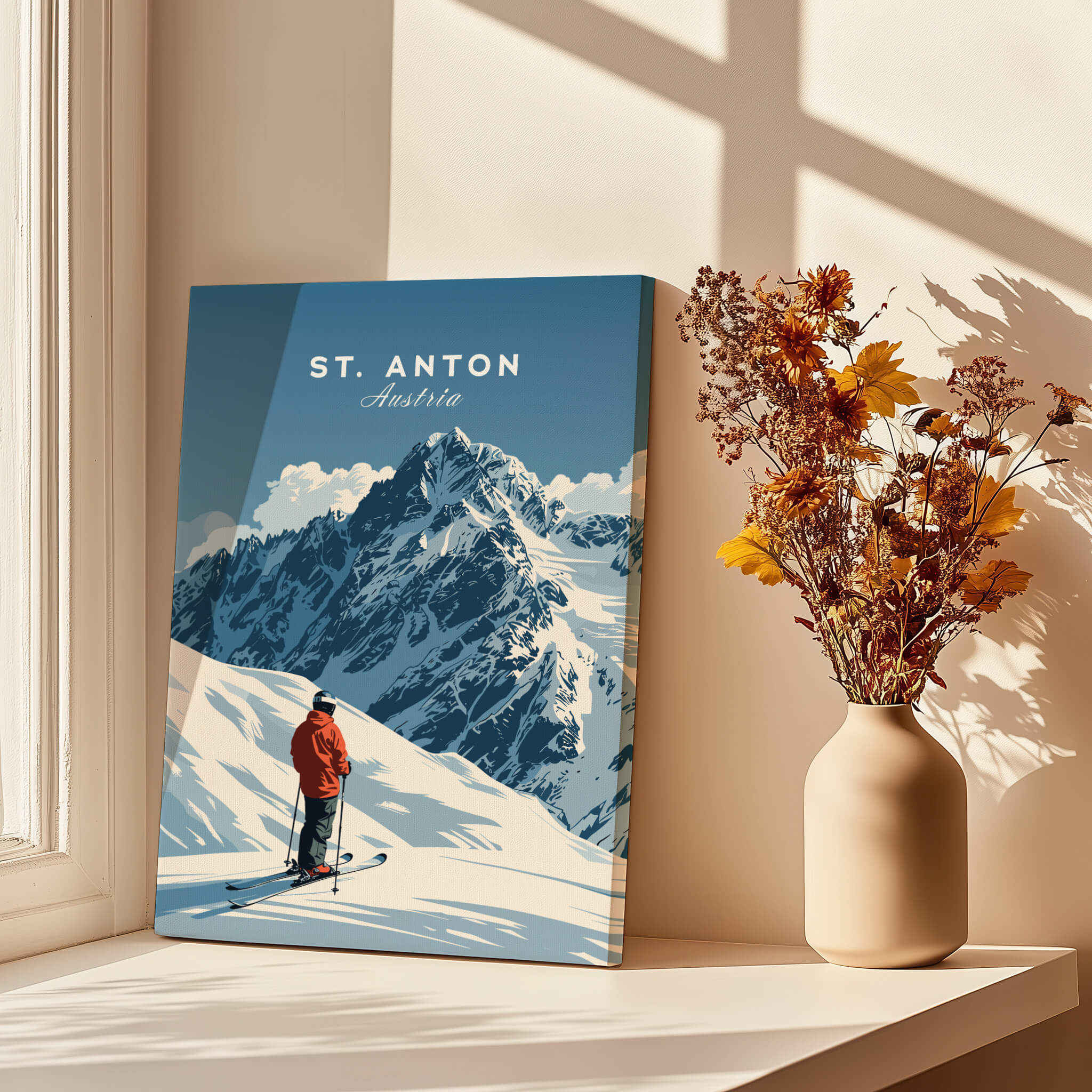 St. Anton Ski Print showcasing a skier in the mountains with a vase of flowers in natural light.